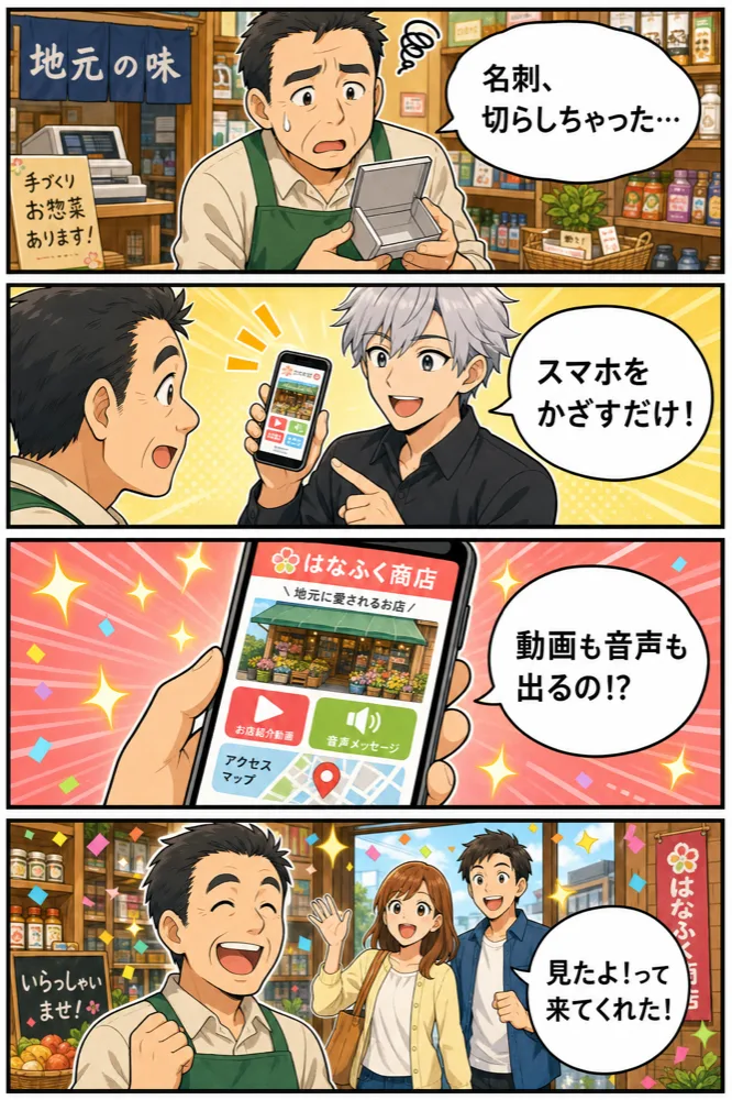 4コマ漫画。名刺を切らして困る店主が、スマホをかざすだけのデジタル名刺を知り、動画と音声で店を伝えられるようになり、見たよと言って来店したお客さんに笑顔になる。